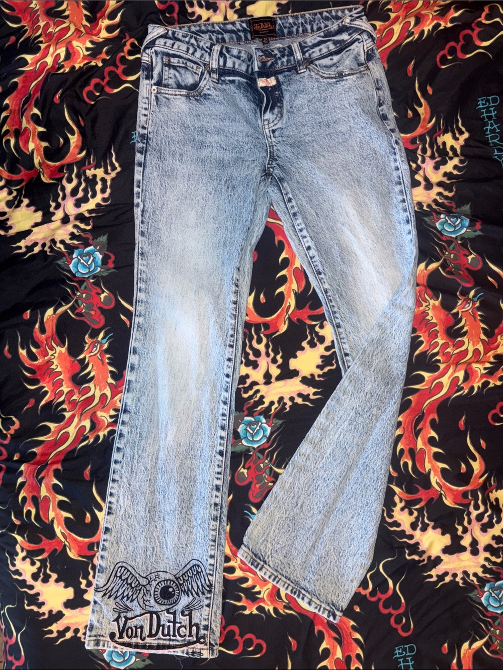 Von Dutch Light Blue Acid Wash Flare Jeans with Embroidered Hem